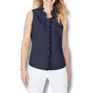 FOXCROFT Gwen Ruffle Non-Iron Stretch Button-Up Sleeveless Shirt Navy 18